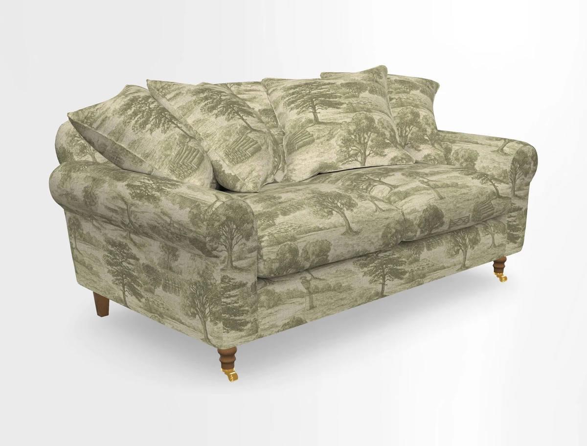 Walberswick 3 Seater Sofa in Etta's Bouquet Sunset Moss with scatters in Sussex Stripe Brick and Snape Chair in Almost Plain Velvet Spring