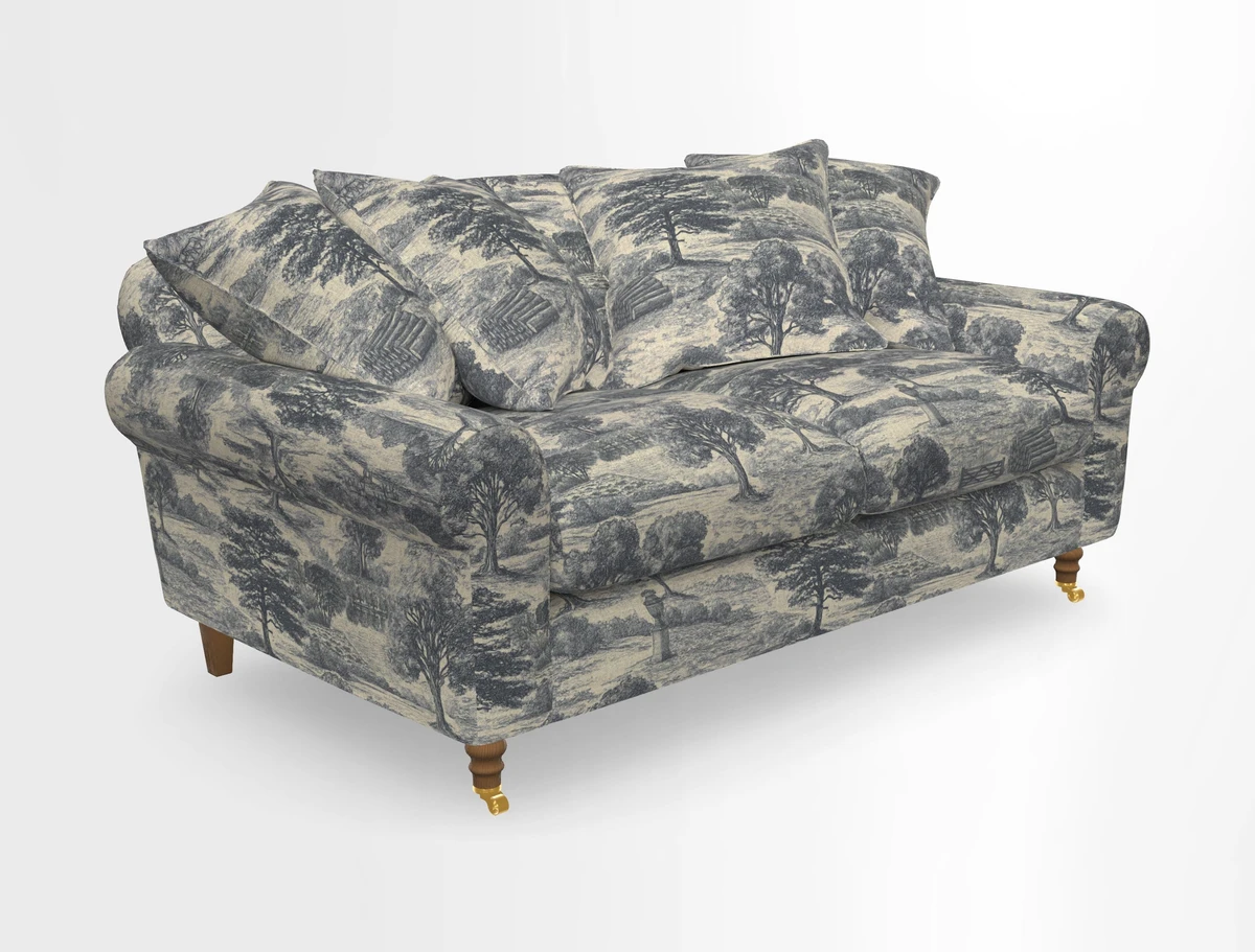 Walberswick 3 Seater Sofa in Etta's Bouquet Sunset Moss with scatters in Sussex Stripe Brick and Snape Chair in Almost Plain Velvet Spring