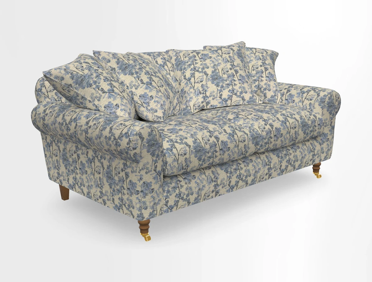 Walberswick 3 Seater Sofa in Etta's Bouquet Sunset Moss with scatters in Sussex Stripe Brick and Snape Chair in Almost Plain Velvet Spring
