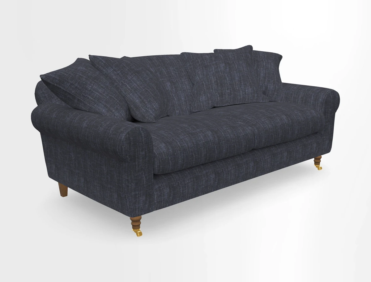 Walberswick 3 Seater Sofa in Etta's Bouquet Sunset Moss with scatters in Sussex Stripe Brick and Snape Chair in Almost Plain Velvet Spring