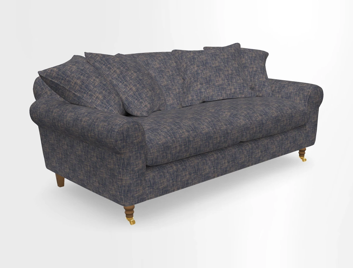 Walberswick 3 Seater Sofa in Etta's Bouquet Sunset Moss with scatters in Sussex Stripe Brick and Snape Chair in Almost Plain Velvet Spring