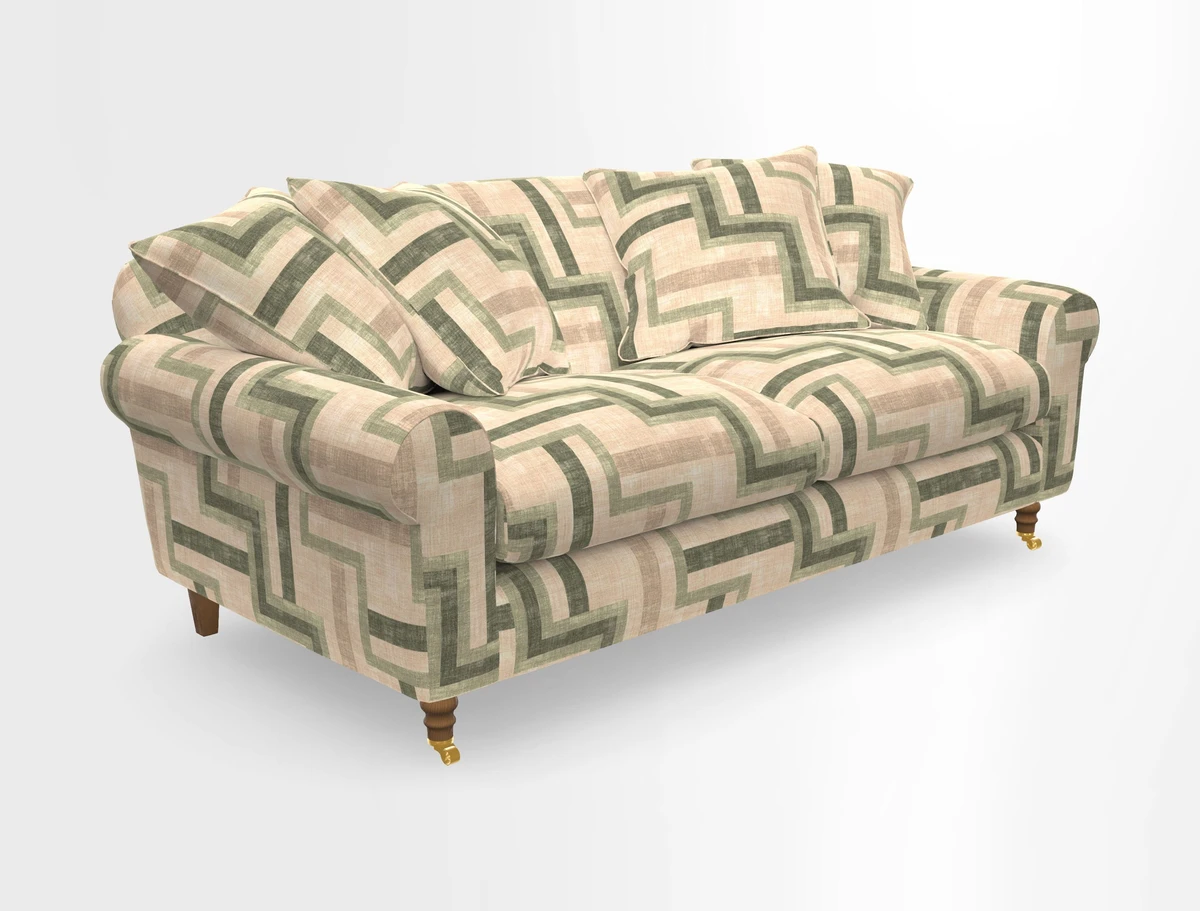 Walberswick 3 Seater Sofa in Etta's Bouquet Sunset Moss with scatters in Sussex Stripe Brick and Snape Chair in Almost Plain Velvet Spring