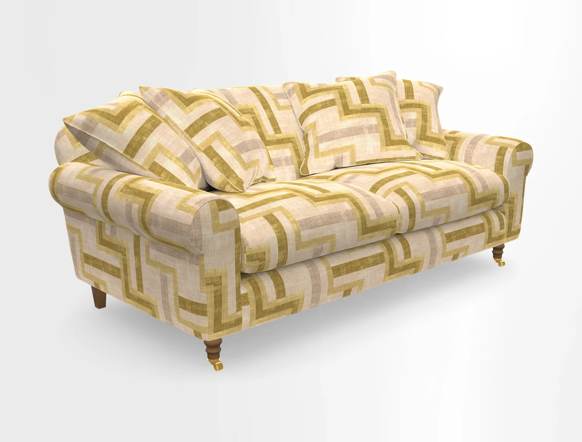 Walberswick 3 Seater Sofa in Etta's Bouquet Sunset Moss with scatters in Sussex Stripe Brick and Snape Chair in Almost Plain Velvet Spring