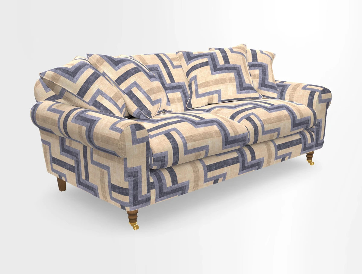 Walberswick 3 Seater Sofa in Etta's Bouquet Sunset Moss with scatters in Sussex Stripe Brick and Snape Chair in Almost Plain Velvet Spring