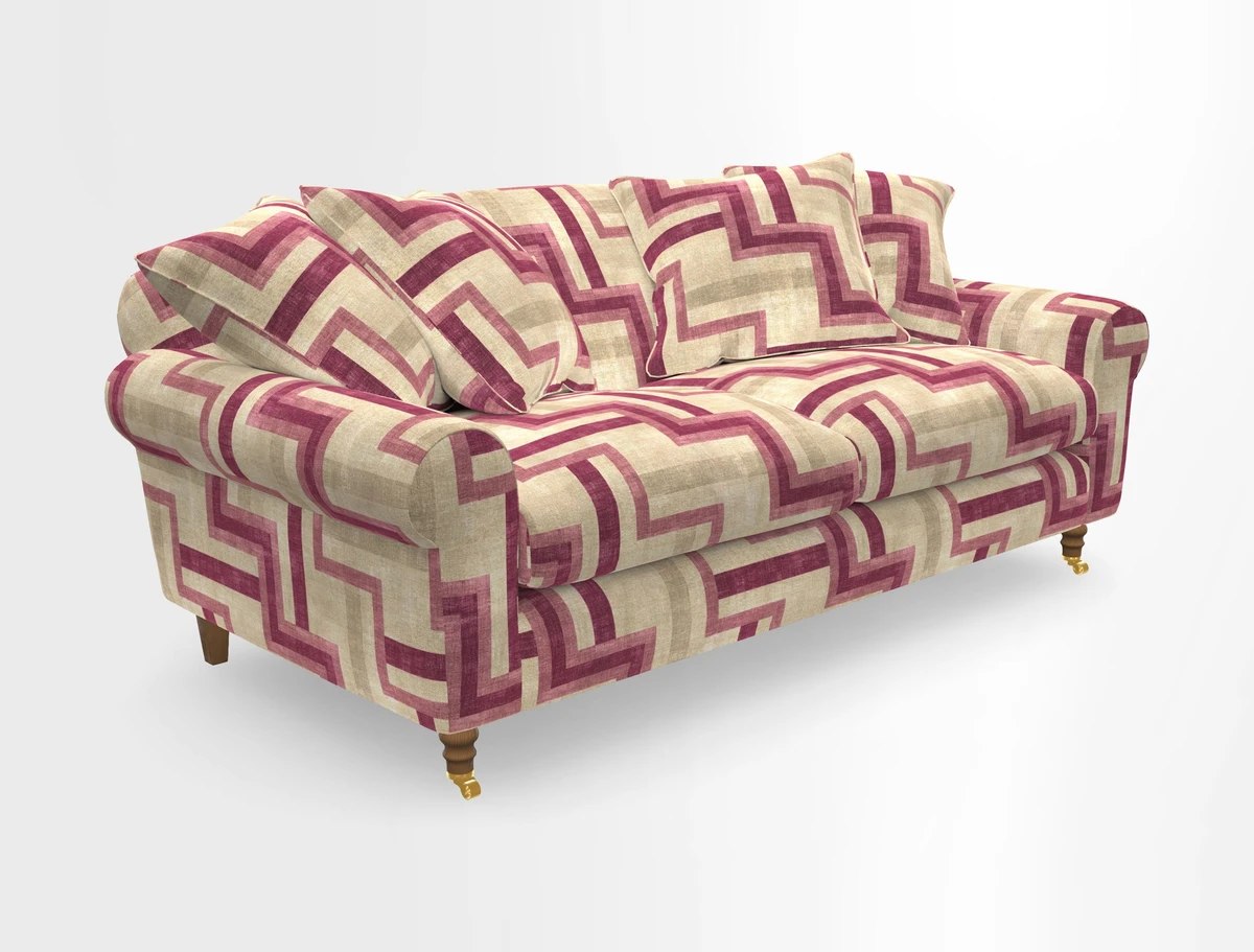 Walberswick 3 Seater Sofa in Etta's Bouquet Sunset Moss with scatters in Sussex Stripe Brick and Snape Chair in Almost Plain Velvet Spring