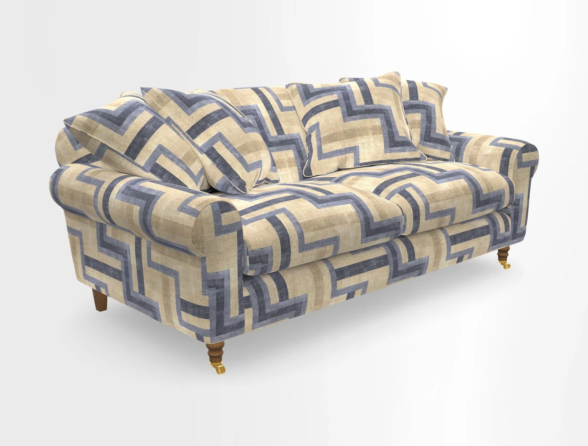 Walberswick 3 Seater Sofa in Etta's Bouquet Sunset Moss with scatters in Sussex Stripe Brick and Snape Chair in Almost Plain Velvet Spring