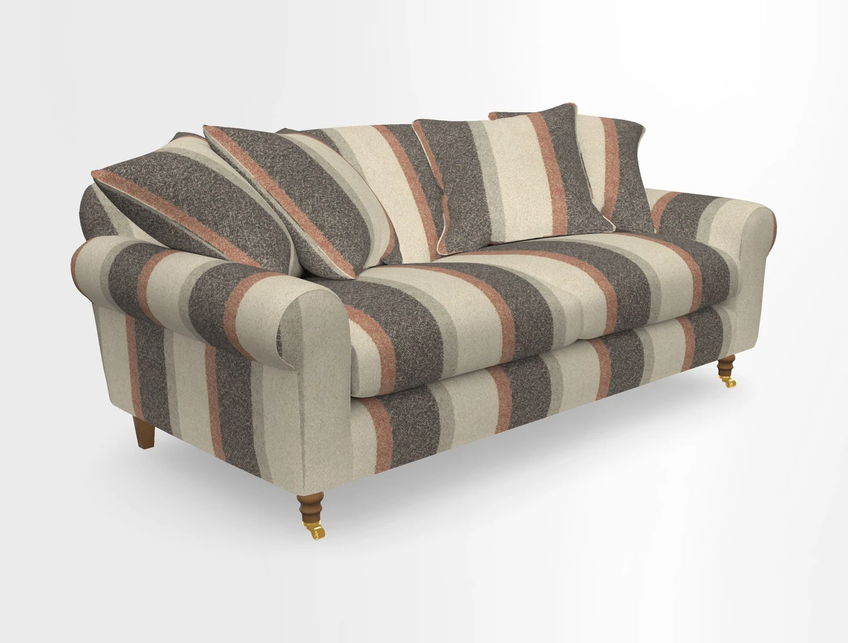 Walberswick 3 Seater Sofa in Etta's Bouquet Sunset Moss with scatters in Sussex Stripe Brick and Snape Chair in Almost Plain Velvet Spring