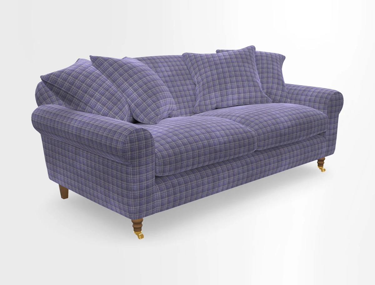 Walberswick 3 Seater Sofa in Etta's Bouquet Sunset Moss with scatters in Sussex Stripe Brick and Snape Chair in Almost Plain Velvet Spring