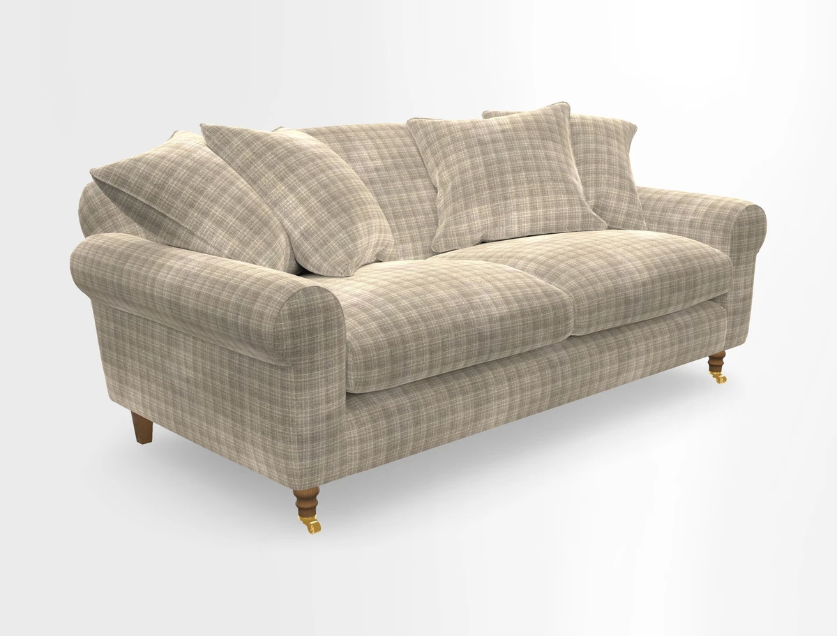 Walberswick 3 Seater Sofa in Etta's Bouquet Sunset Moss with scatters in Sussex Stripe Brick and Snape Chair in Almost Plain Velvet Spring
