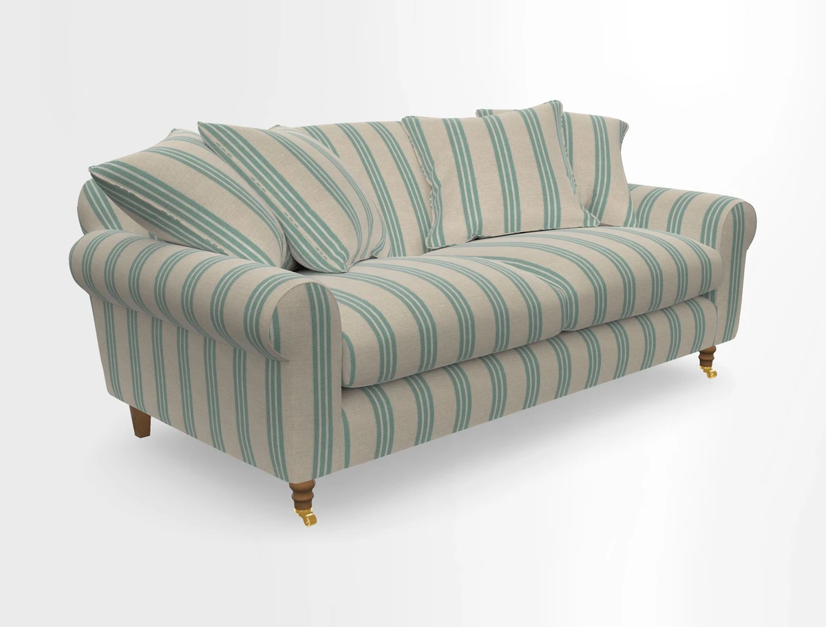 Walberswick 3 Seater Sofa in Etta's Bouquet Sunset Moss with scatters in Sussex Stripe Brick and Snape Chair in Almost Plain Velvet Spring