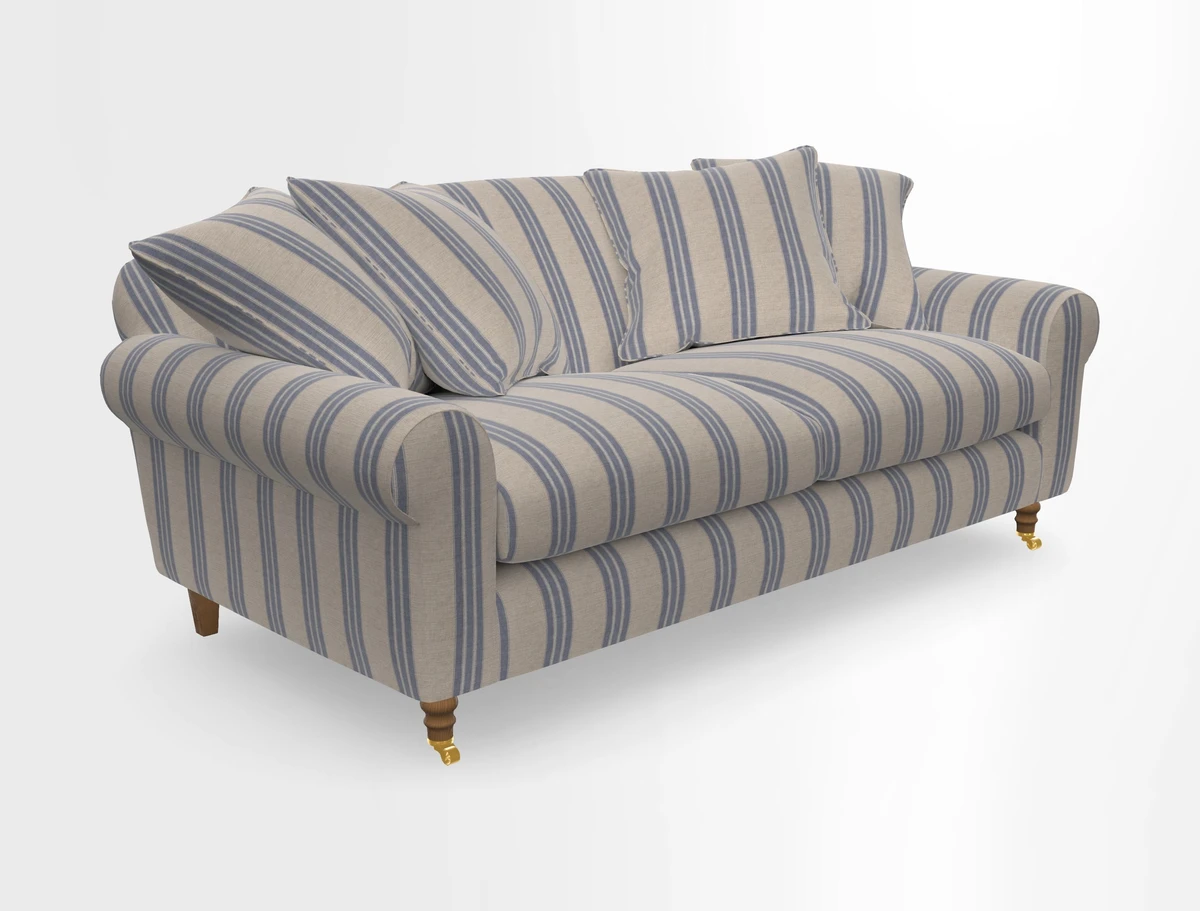 Walberswick 3 Seater Sofa in Etta's Bouquet Sunset Moss with scatters in Sussex Stripe Brick and Snape Chair in Almost Plain Velvet Spring