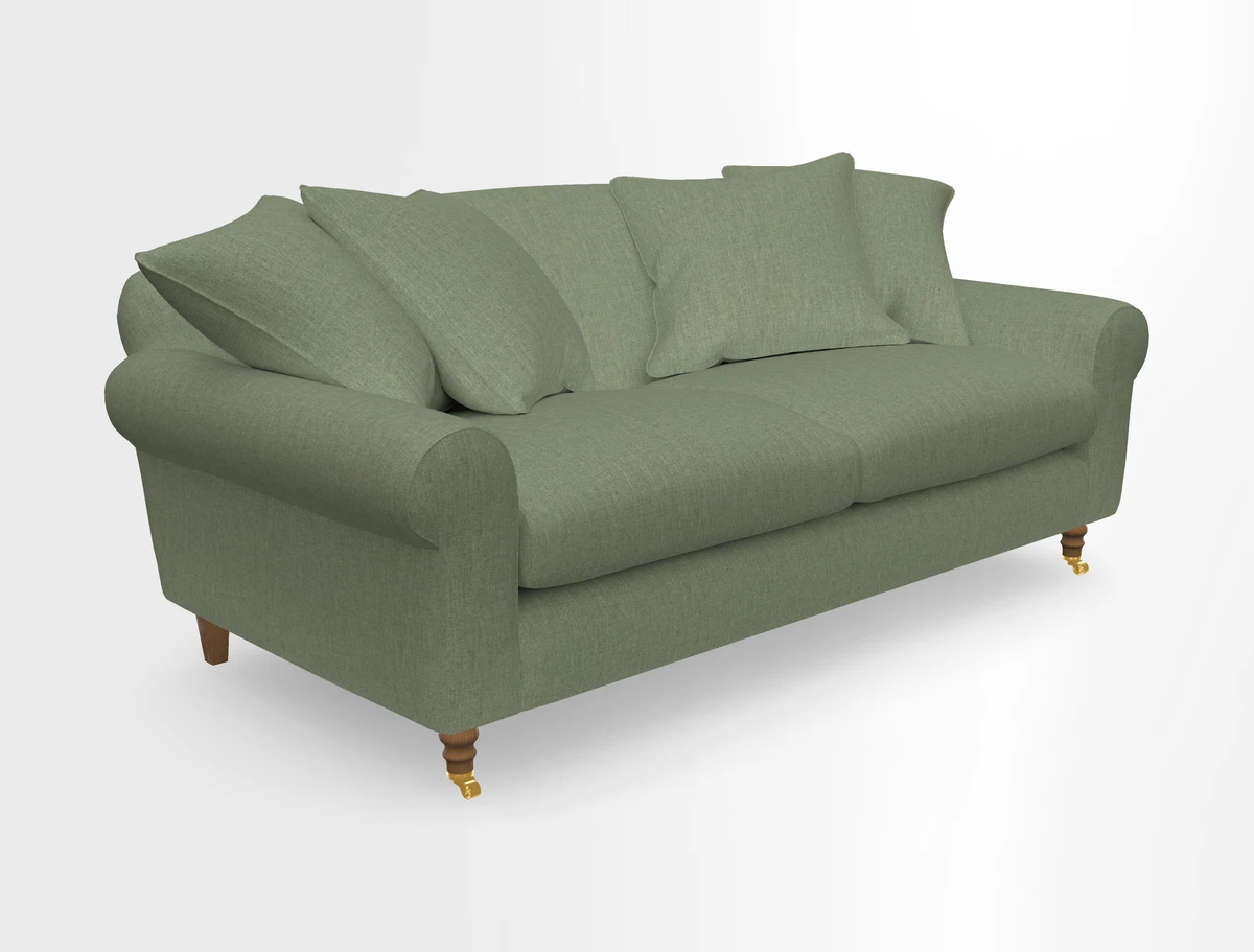Walberswick 3 Seater Sofa in Etta's Bouquet Sunset Moss with scatters in Sussex Stripe Brick and Snape Chair in Almost Plain Velvet Spring
