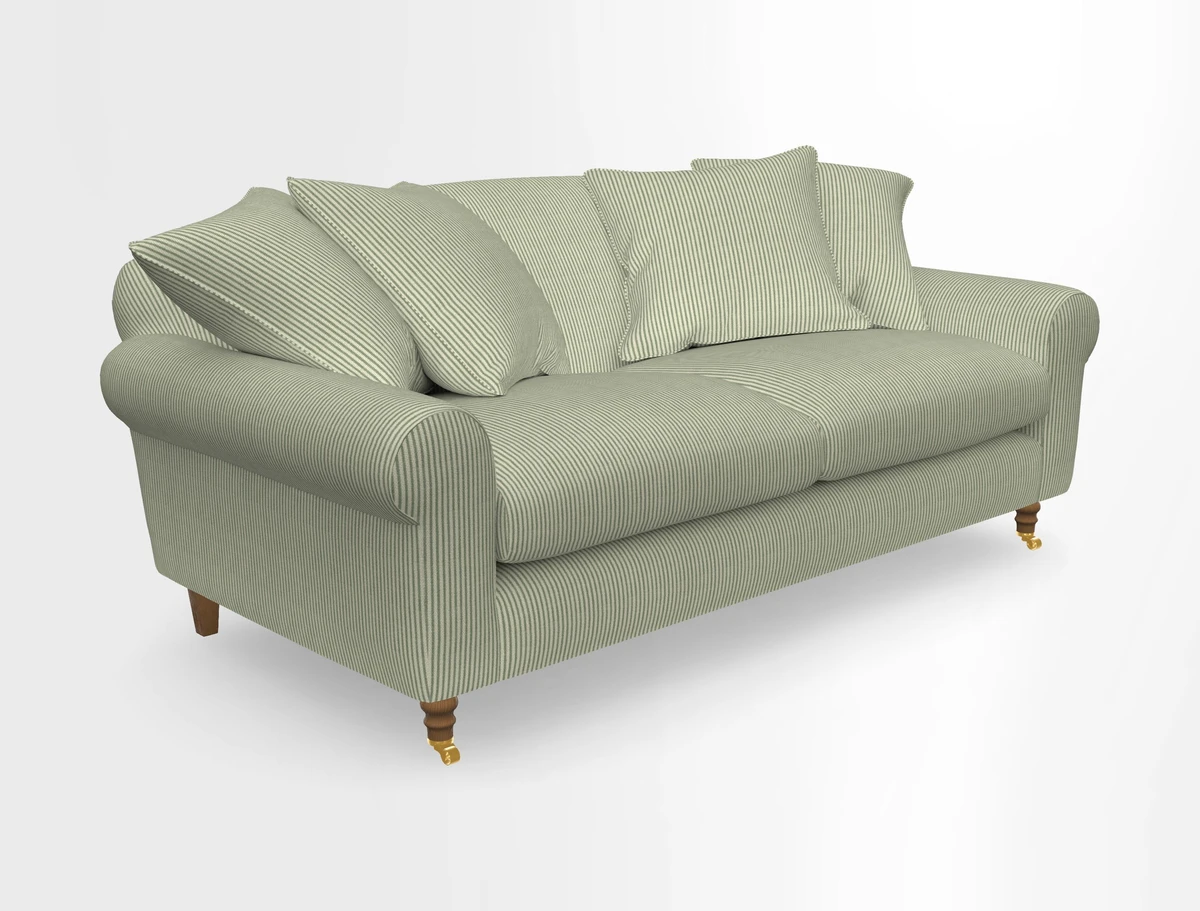 Walberswick 3 Seater Sofa in Etta's Bouquet Sunset Moss with scatters in Sussex Stripe Brick and Snape Chair in Almost Plain Velvet Spring
