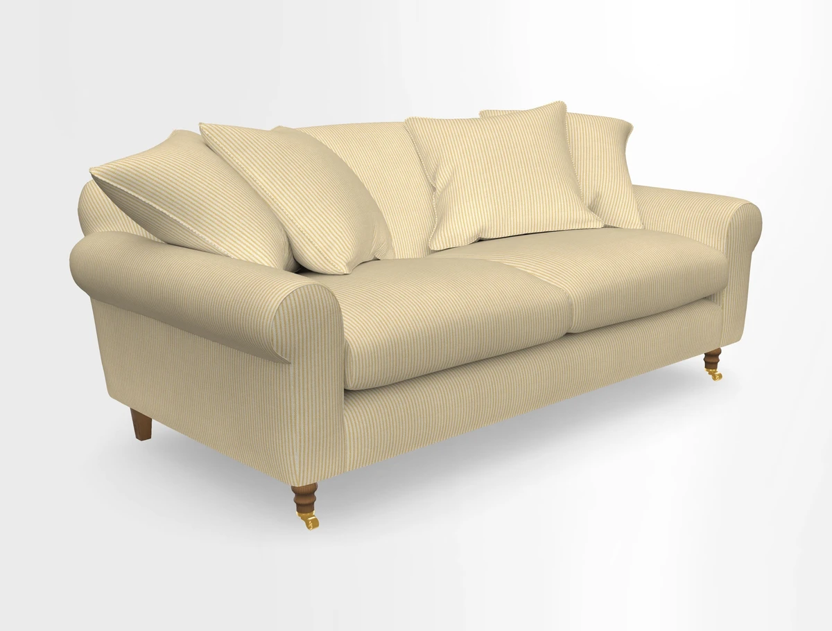 Walberswick 3 Seater Sofa in Etta's Bouquet Sunset Moss with scatters in Sussex Stripe Brick and Snape Chair in Almost Plain Velvet Spring