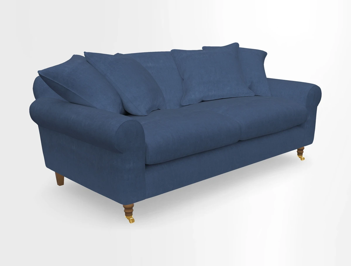 Walberswick 3 Seater Sofa in Etta's Bouquet Sunset Moss with scatters in Sussex Stripe Brick and Snape Chair in Almost Plain Velvet Spring