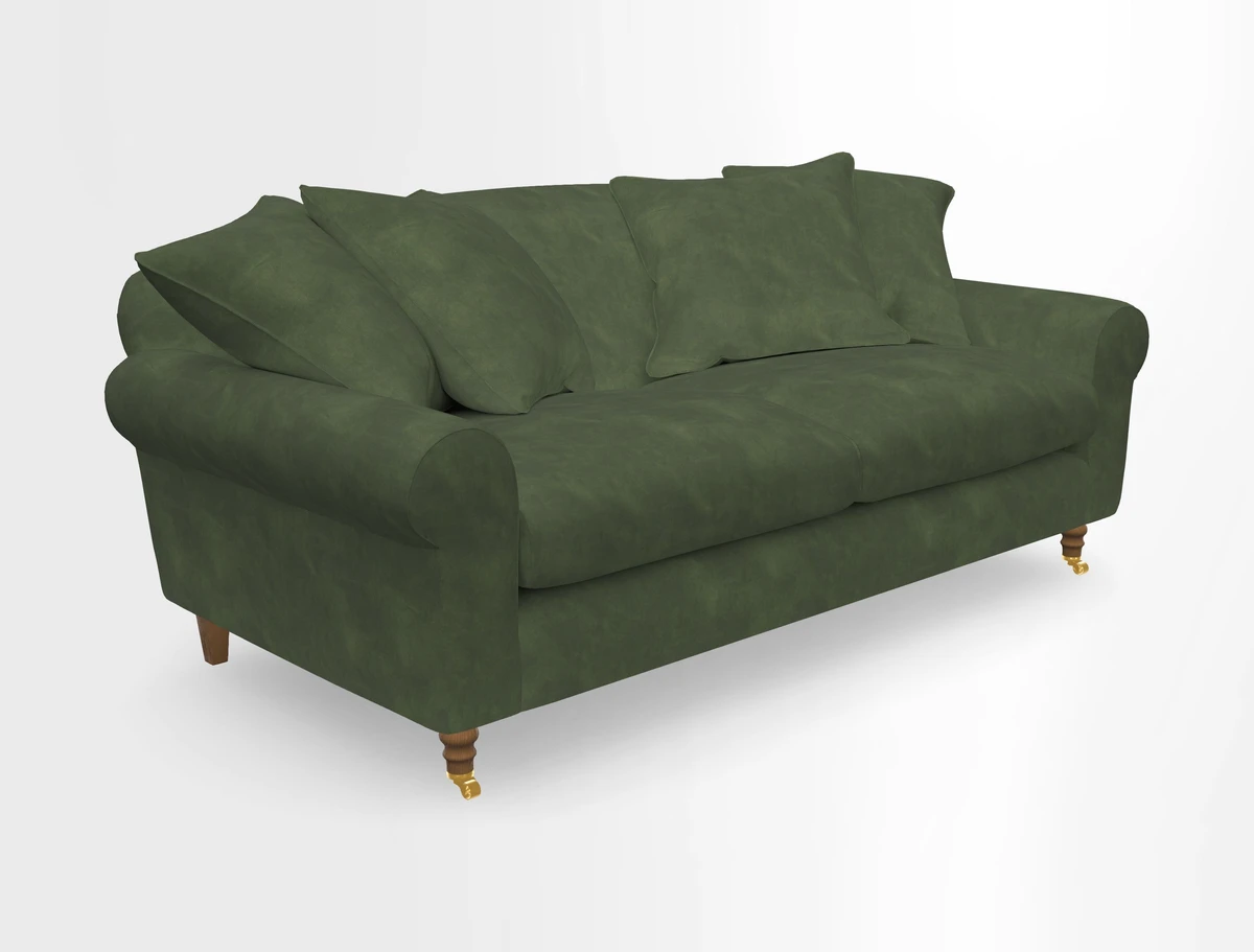 Walberswick 3 Seater Sofa in Etta's Bouquet Sunset Moss with scatters in Sussex Stripe Brick and Snape Chair in Almost Plain Velvet Spring