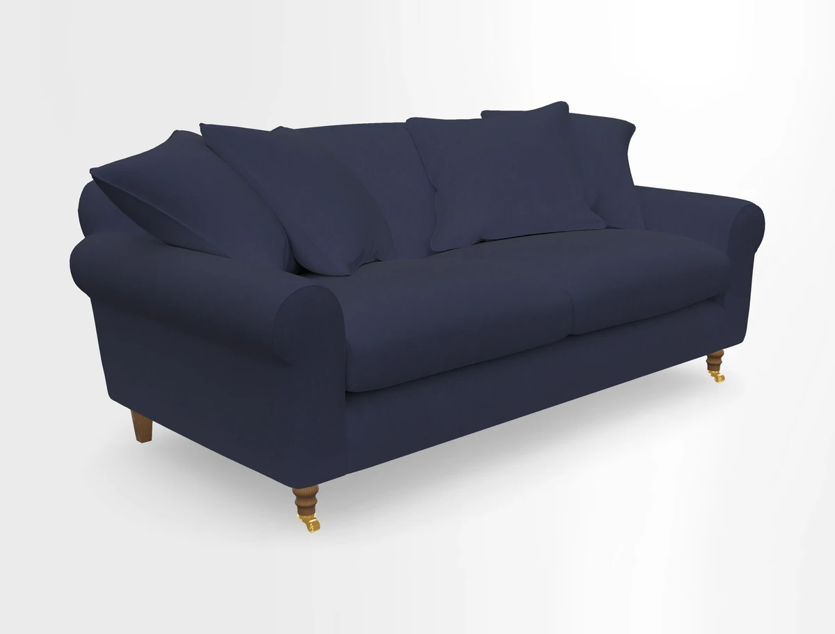 Walberswick 3 Seater Sofa in Etta's Bouquet Sunset Moss with scatters in Sussex Stripe Brick and Snape Chair in Almost Plain Velvet Spring