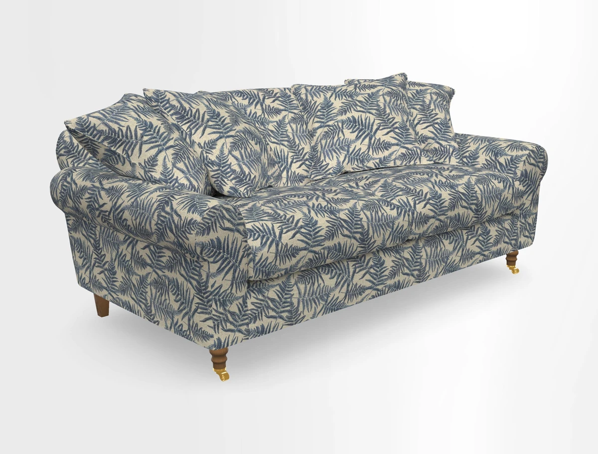 Walberswick 3 Seater Sofa in Etta's Bouquet Sunset Moss with scatters in Sussex Stripe Brick and Snape Chair in Almost Plain Velvet Spring