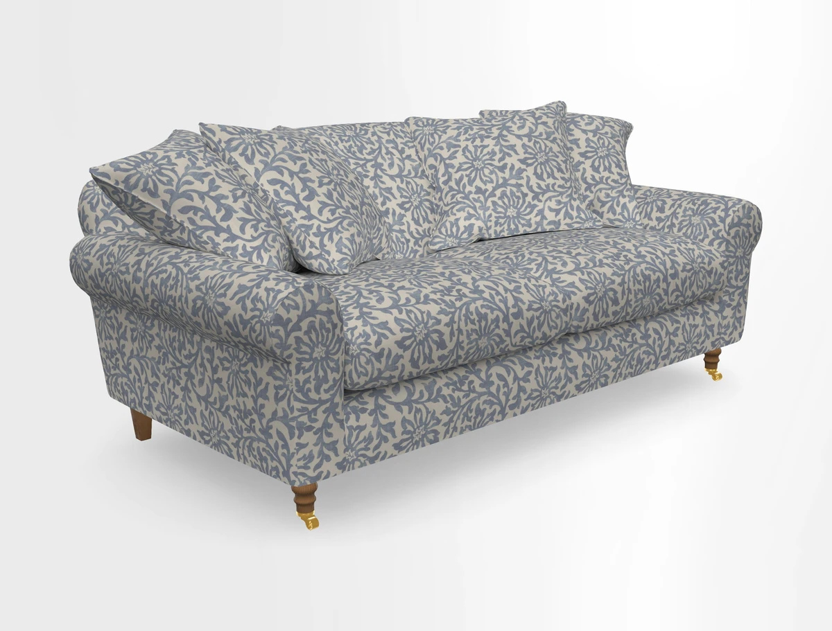 Walberswick 3 Seater Sofa in Etta's Bouquet Sunset Moss with scatters in Sussex Stripe Brick and Snape Chair in Almost Plain Velvet Spring