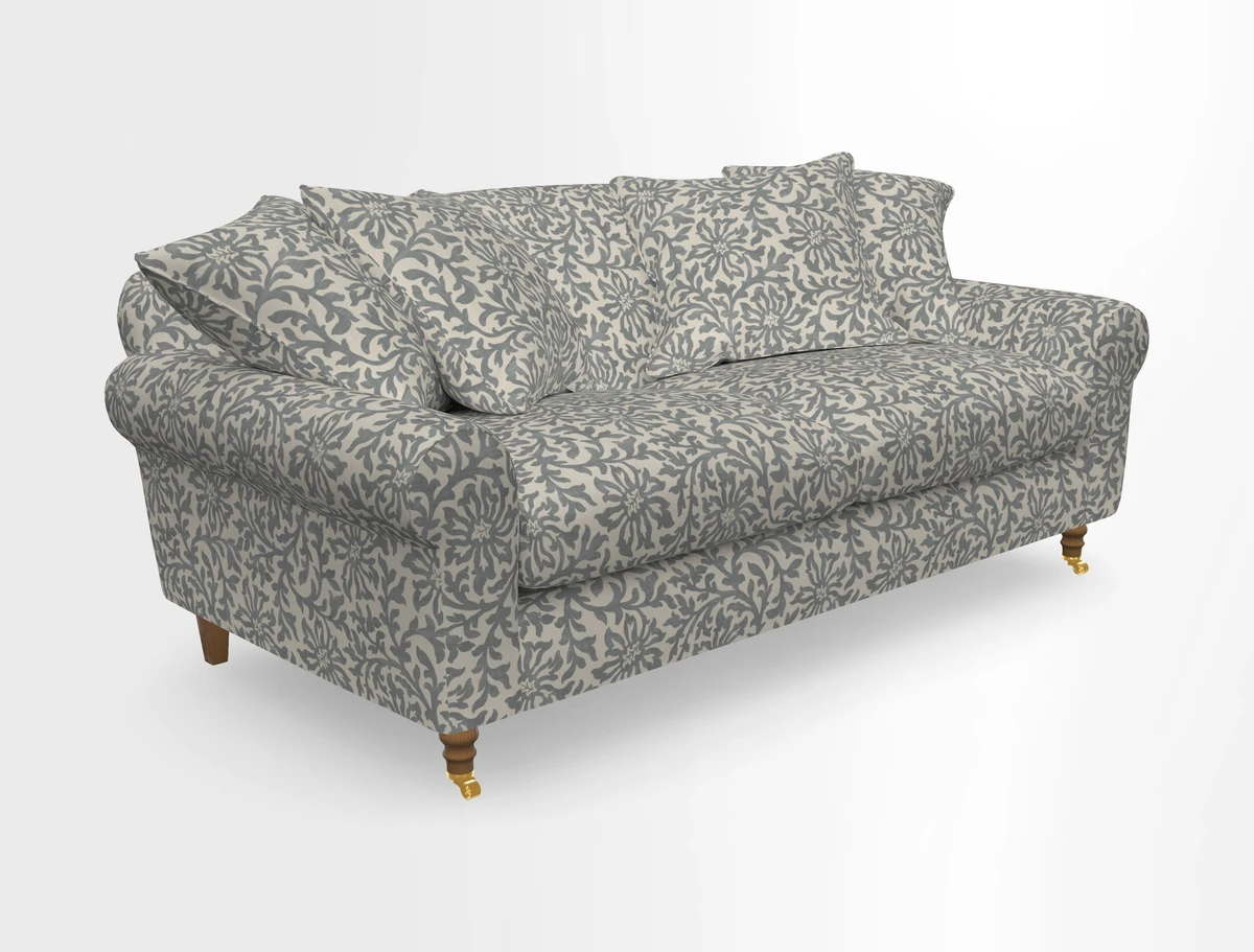 Walberswick 3 Seater Sofa in Etta's Bouquet Sunset Moss with scatters in Sussex Stripe Brick and Snape Chair in Almost Plain Velvet Spring