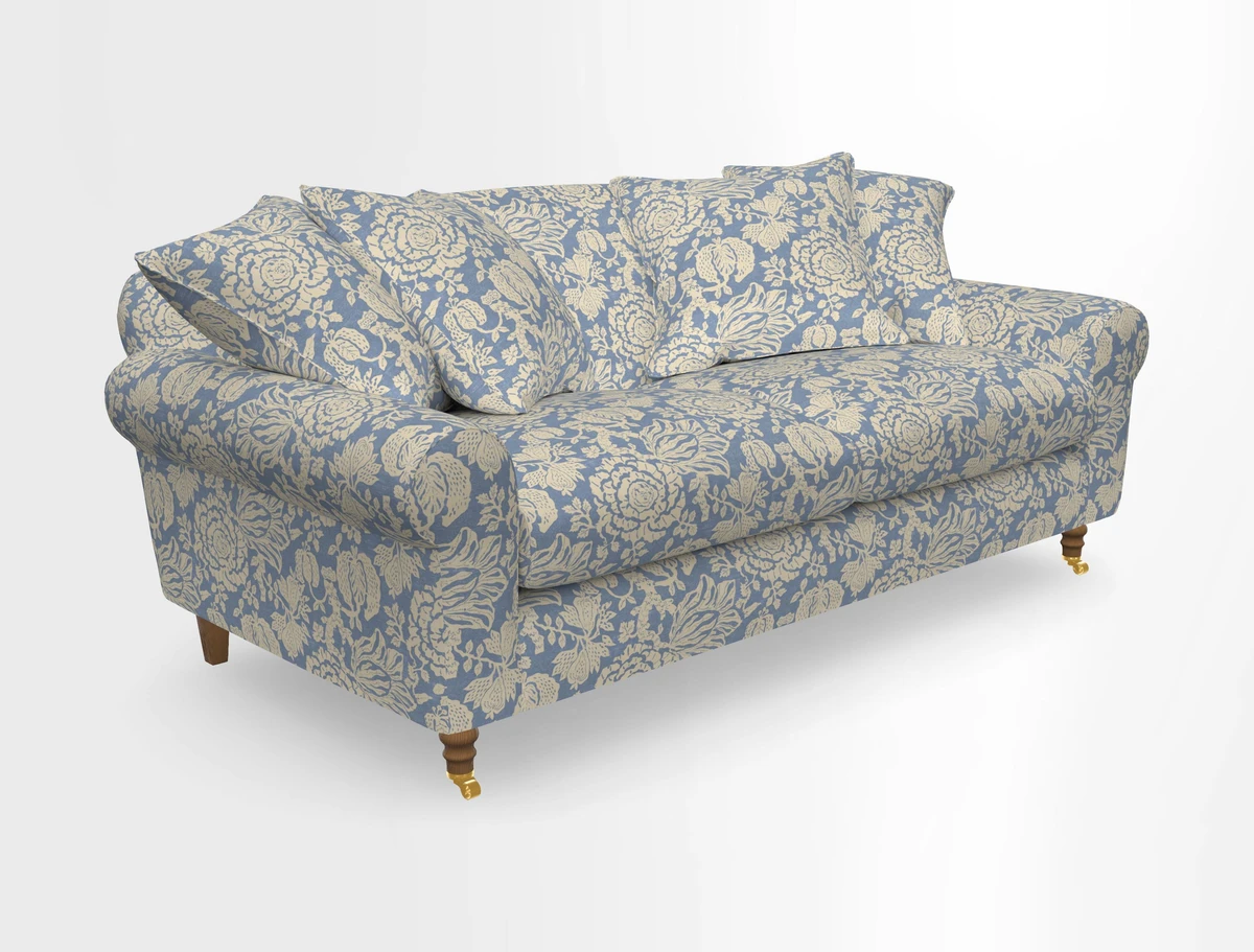 Walberswick 3 Seater Sofa in Etta's Bouquet Sunset Moss with scatters in Sussex Stripe Brick and Snape Chair in Almost Plain Velvet Spring