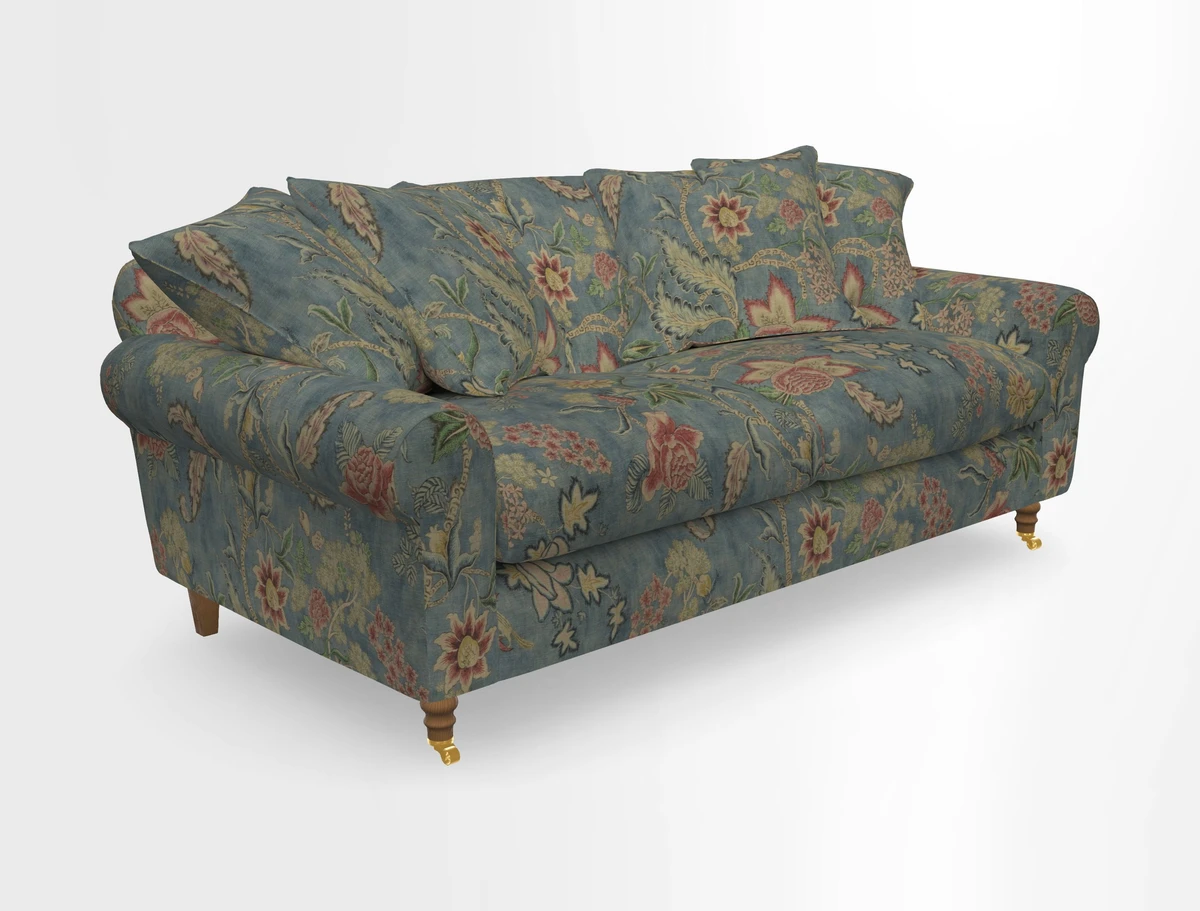Walberswick 3 Seater Sofa in Etta's Bouquet Sunset Moss with scatters in Sussex Stripe Brick and Snape Chair in Almost Plain Velvet Spring