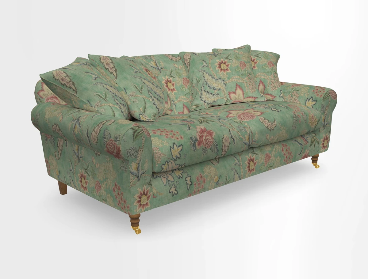 Walberswick 3 Seater Sofa in Etta's Bouquet Sunset Moss with scatters in Sussex Stripe Brick and Snape Chair in Almost Plain Velvet Spring