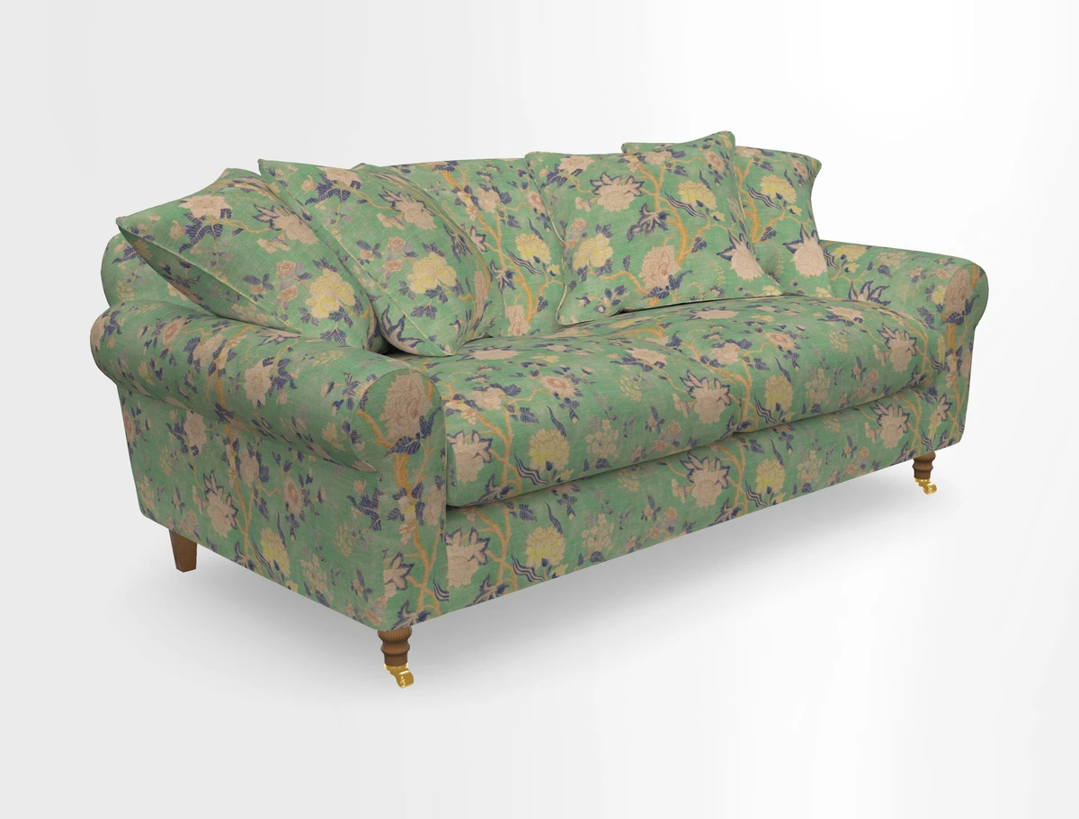 Walberswick 3 Seater Sofa in Etta's Bouquet Sunset Moss with scatters in Sussex Stripe Brick and Snape Chair in Almost Plain Velvet Spring
