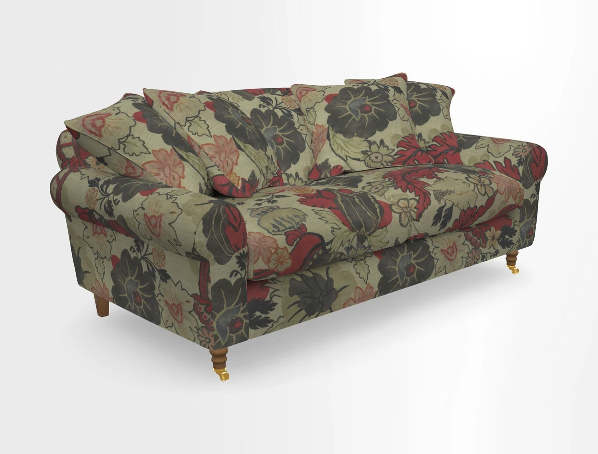 Walberswick 3 Seater Sofa in Etta's Bouquet Sunset Moss with scatters in Sussex Stripe Brick and Snape Chair in Almost Plain Velvet Spring