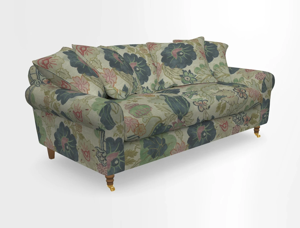 Walberswick 3 Seater Sofa in Etta's Bouquet Sunset Moss with scatters in Sussex Stripe Brick and Snape Chair in Almost Plain Velvet Spring