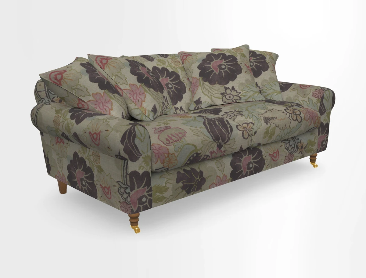 Walberswick 3 Seater Sofa in Etta's Bouquet Sunset Moss with scatters in Sussex Stripe Brick and Snape Chair in Almost Plain Velvet Spring