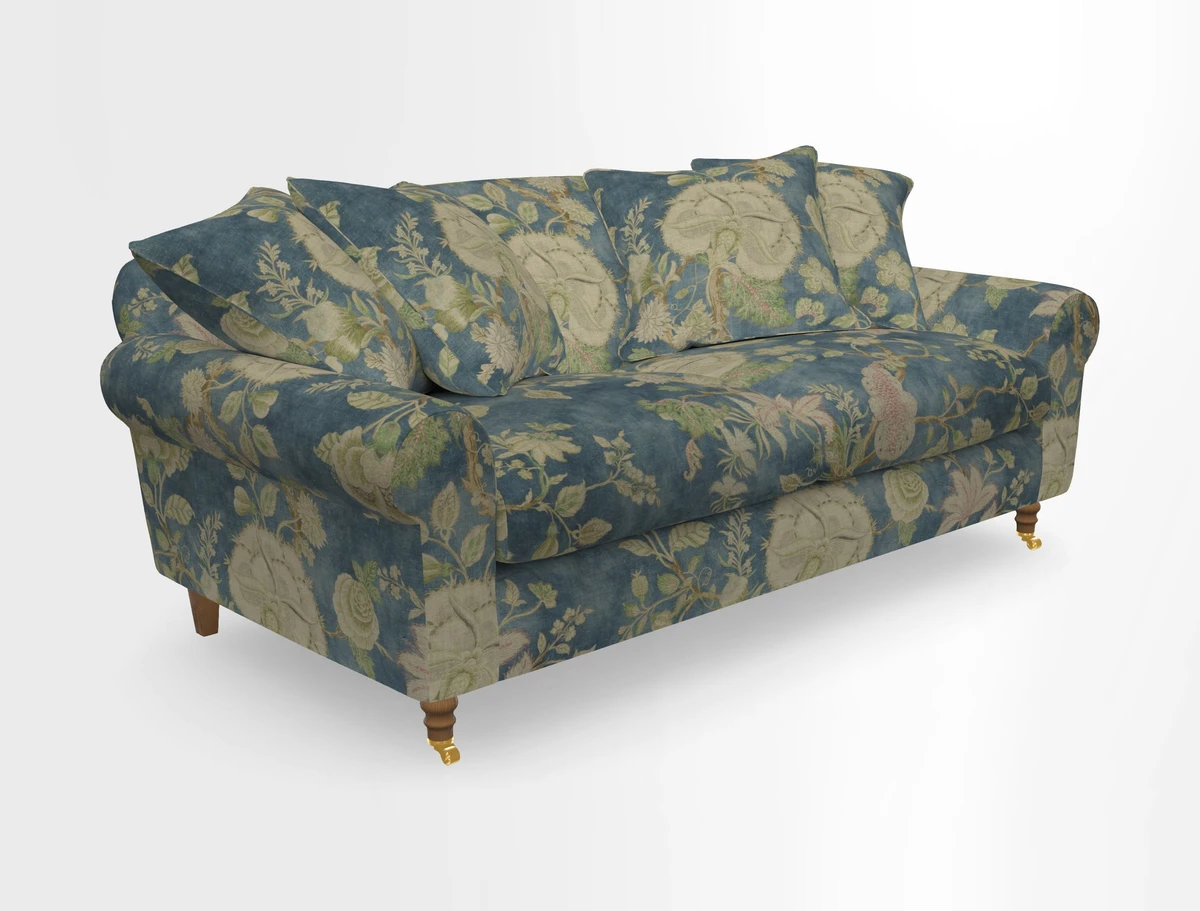 Walberswick 3 Seater Sofa in Etta's Bouquet Sunset Moss with scatters in Sussex Stripe Brick and Snape Chair in Almost Plain Velvet Spring