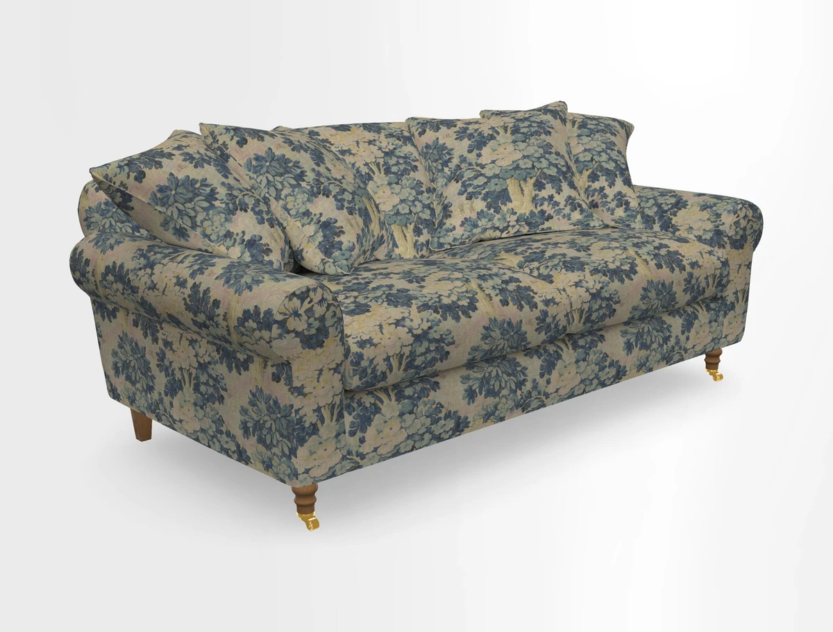 Walberswick 3 Seater Sofa in Etta's Bouquet Sunset Moss with scatters in Sussex Stripe Brick and Snape Chair in Almost Plain Velvet Spring