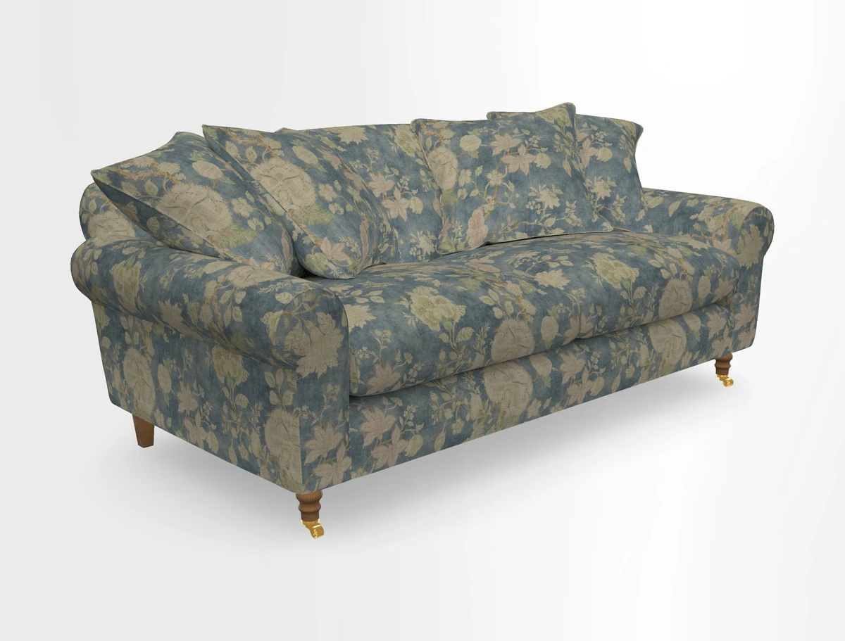 Walberswick 3 Seater Sofa in Etta's Bouquet Sunset Moss with scatters in Sussex Stripe Brick and Snape Chair in Almost Plain Velvet Spring