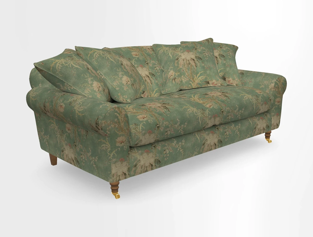 Walberswick 3 Seater Sofa in Etta's Bouquet Sunset Moss with scatters in Sussex Stripe Brick and Snape Chair in Almost Plain Velvet Spring