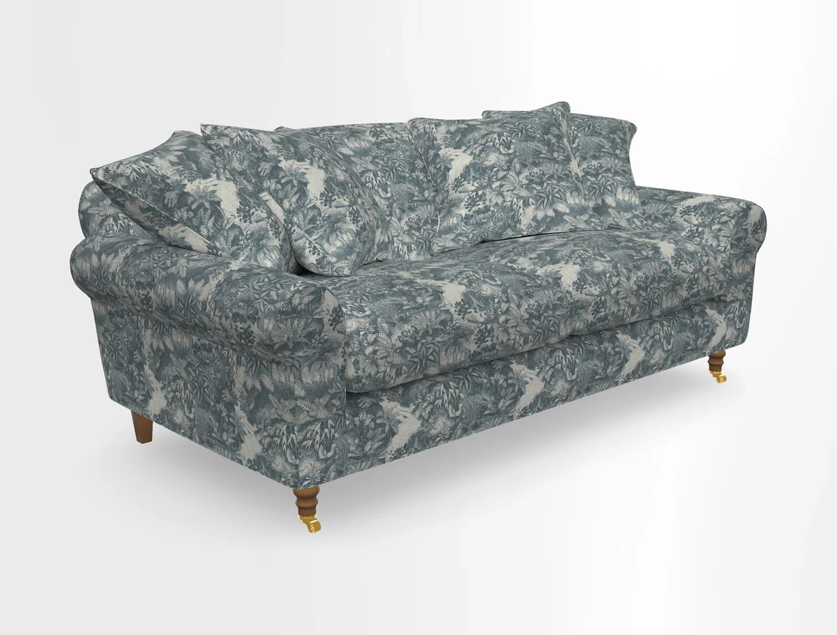Walberswick 3 Seater Sofa in Etta's Bouquet Sunset Moss with scatters in Sussex Stripe Brick and Snape Chair in Almost Plain Velvet Spring