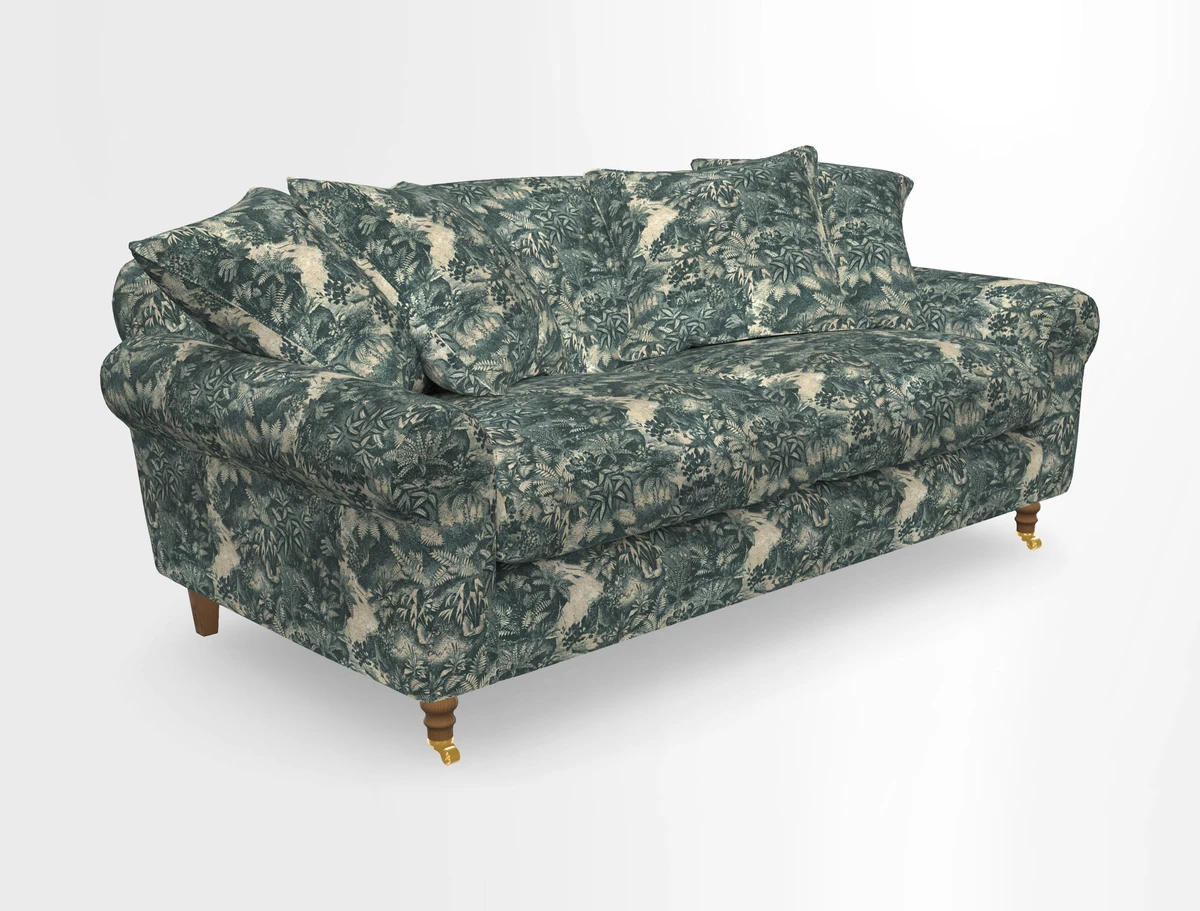 Walberswick 3 Seater Sofa in Etta's Bouquet Sunset Moss with scatters in Sussex Stripe Brick and Snape Chair in Almost Plain Velvet Spring