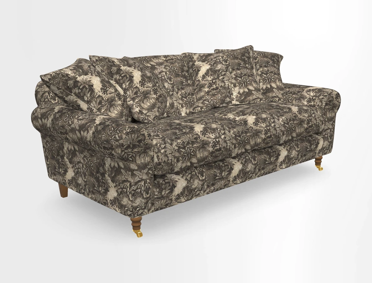 Walberswick 3 Seater Sofa in Etta's Bouquet Sunset Moss with scatters in Sussex Stripe Brick and Snape Chair in Almost Plain Velvet Spring
