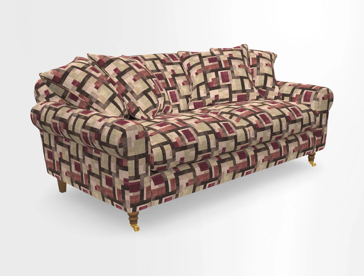 Walberswick 3 Seater Sofa in Etta's Bouquet Sunset Moss with scatters in Sussex Stripe Brick and Snape Chair in Almost Plain Velvet Spring