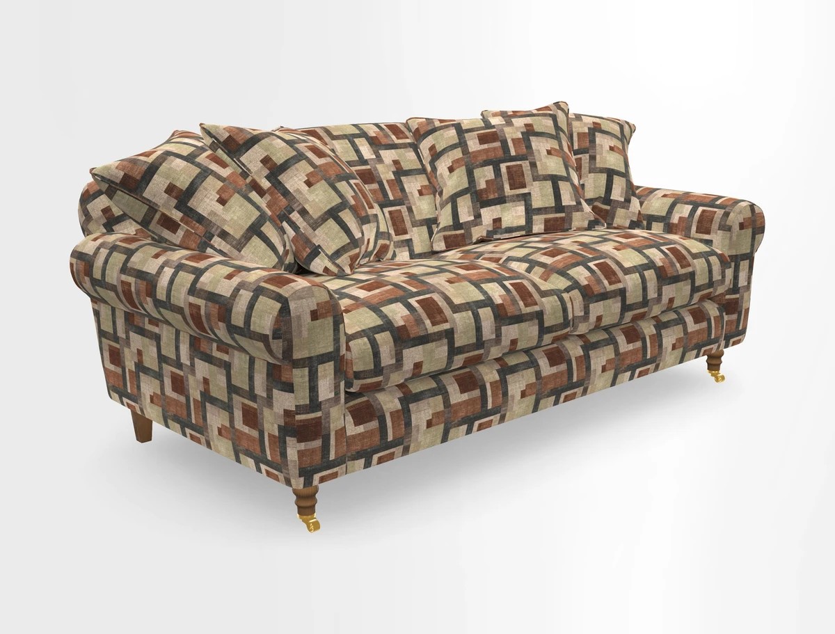 Walberswick 3 Seater Sofa in Etta's Bouquet Sunset Moss with scatters in Sussex Stripe Brick and Snape Chair in Almost Plain Velvet Spring