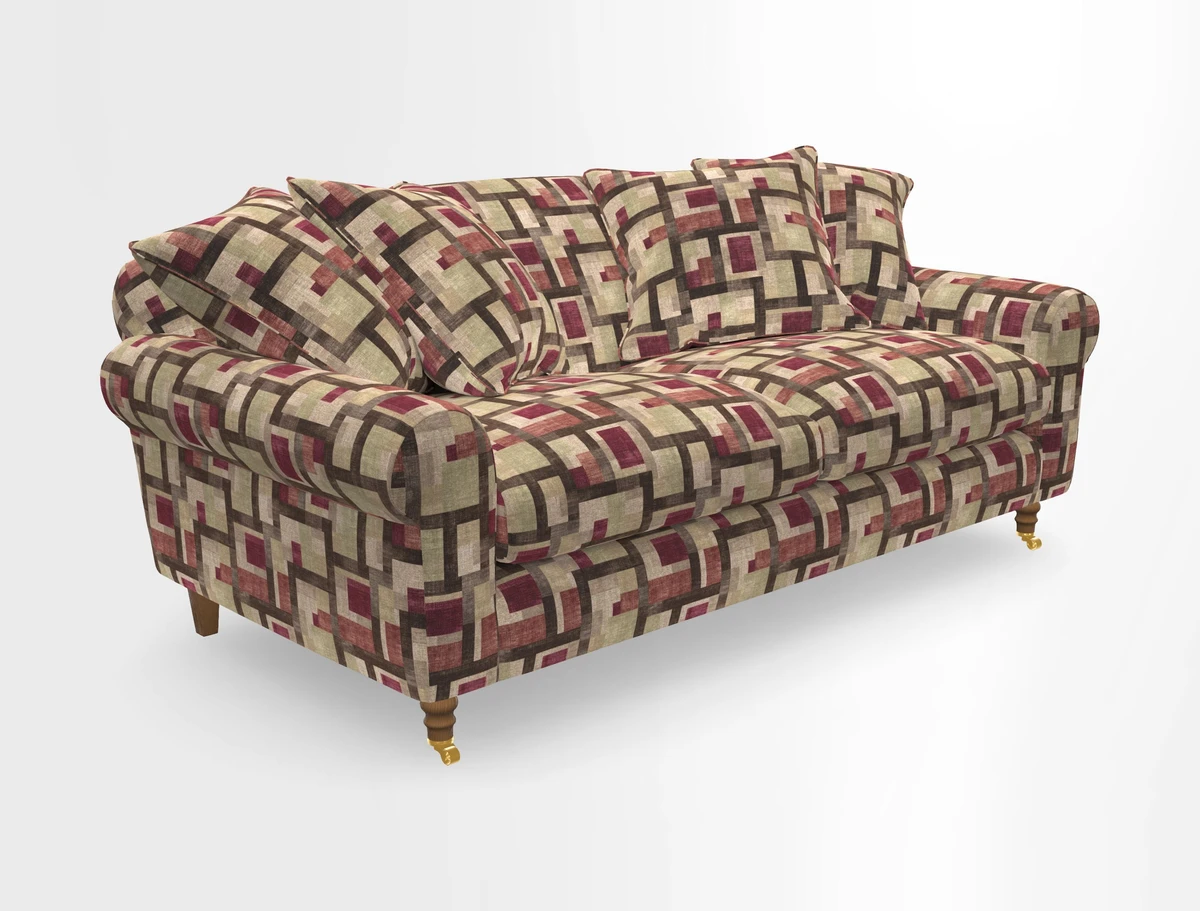 Walberswick 3 Seater Sofa in Etta's Bouquet Sunset Moss with scatters in Sussex Stripe Brick and Snape Chair in Almost Plain Velvet Spring