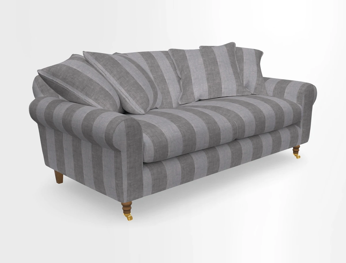 Walberswick 3 Seater Sofa in Etta's Bouquet Sunset Moss with scatters in Sussex Stripe Brick and Snape Chair in Almost Plain Velvet Spring