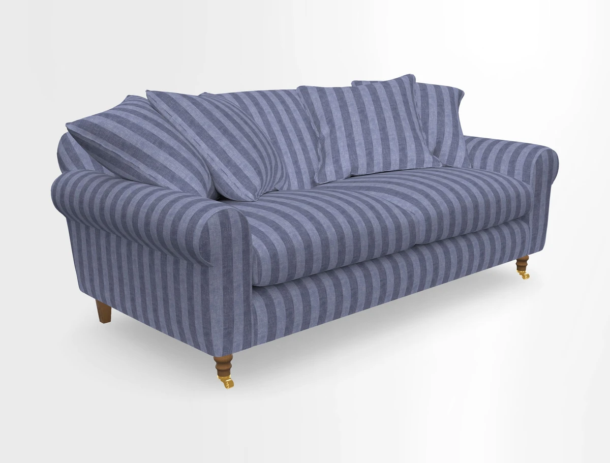 Walberswick 3 Seater Sofa in Etta's Bouquet Sunset Moss with scatters in Sussex Stripe Brick and Snape Chair in Almost Plain Velvet Spring
