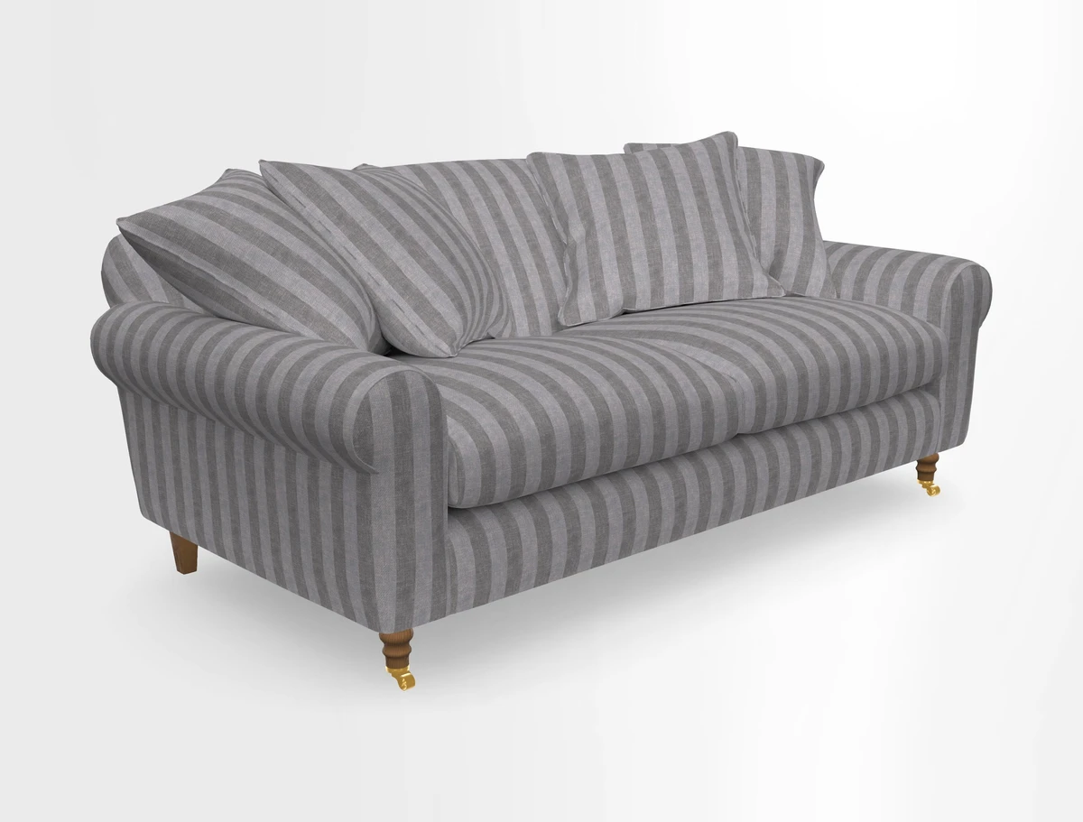 Walberswick 3 Seater Sofa in Etta's Bouquet Sunset Moss with scatters in Sussex Stripe Brick and Snape Chair in Almost Plain Velvet Spring