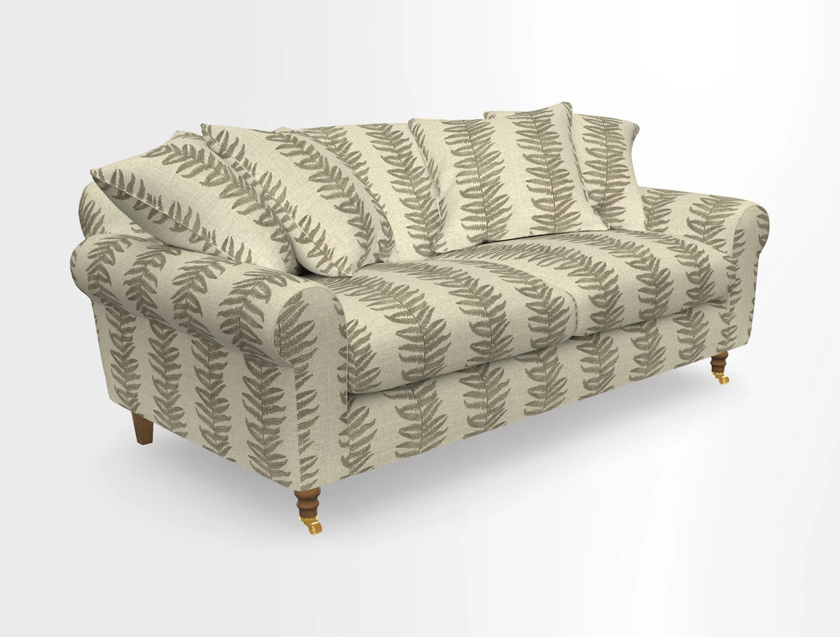 Walberswick 3 Seater Sofa in Etta's Bouquet Sunset Moss with scatters in Sussex Stripe Brick and Snape Chair in Almost Plain Velvet Spring