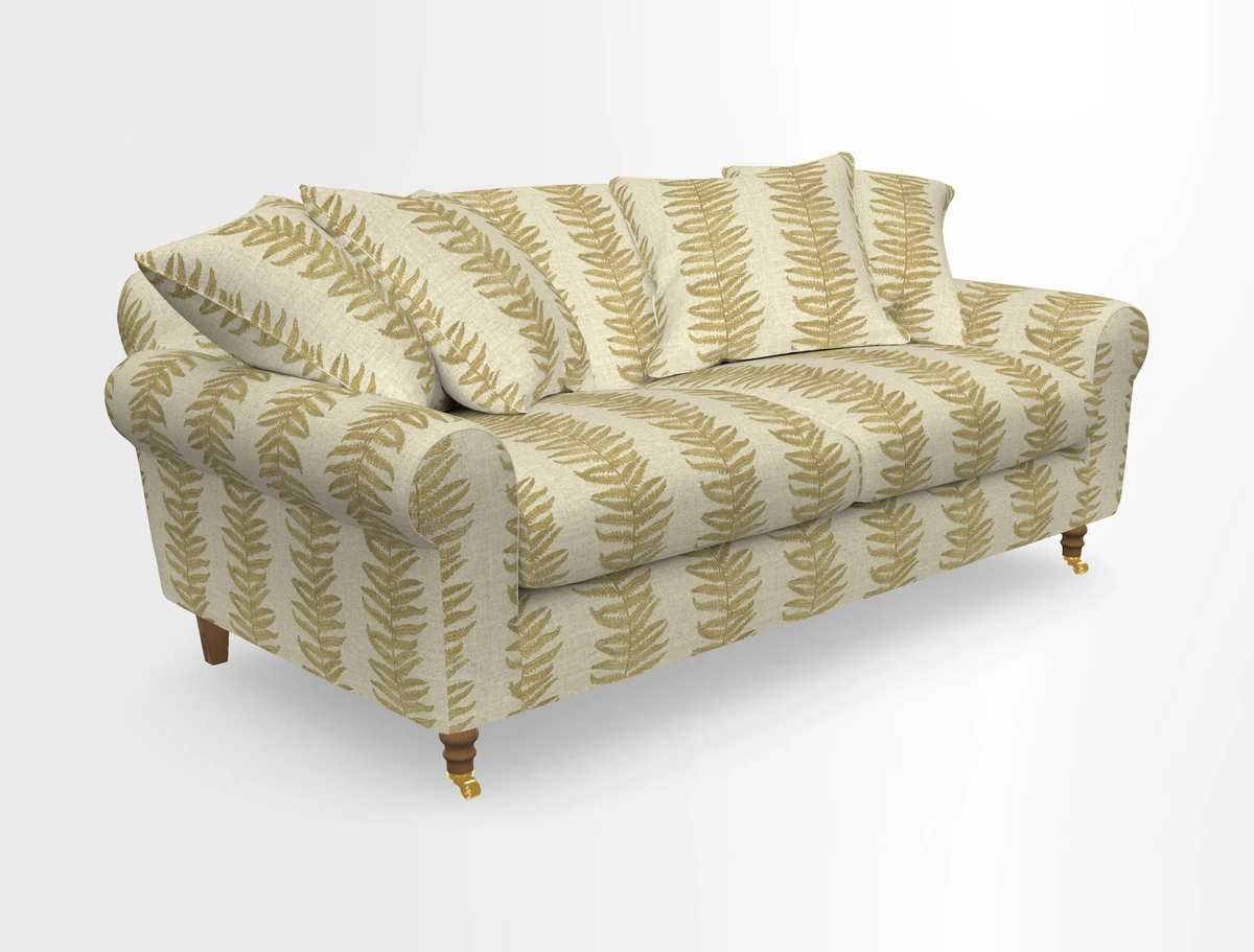 Walberswick 3 Seater Sofa in Etta's Bouquet Sunset Moss with scatters in Sussex Stripe Brick and Snape Chair in Almost Plain Velvet Spring