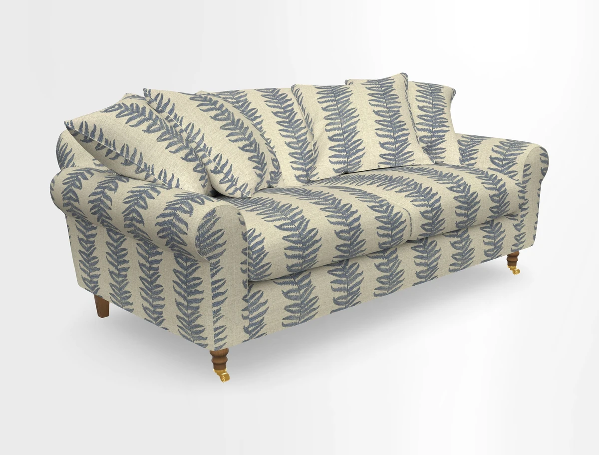 Walberswick 3 Seater Sofa in Etta's Bouquet Sunset Moss with scatters in Sussex Stripe Brick and Snape Chair in Almost Plain Velvet Spring