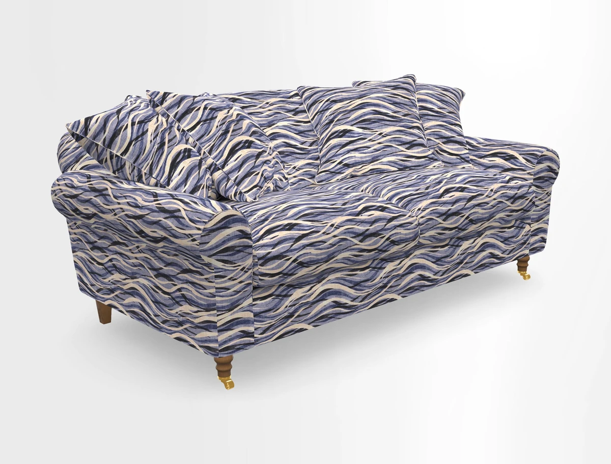 Walberswick 3 Seater Sofa in Etta's Bouquet Sunset Moss with scatters in Sussex Stripe Brick and Snape Chair in Almost Plain Velvet Spring