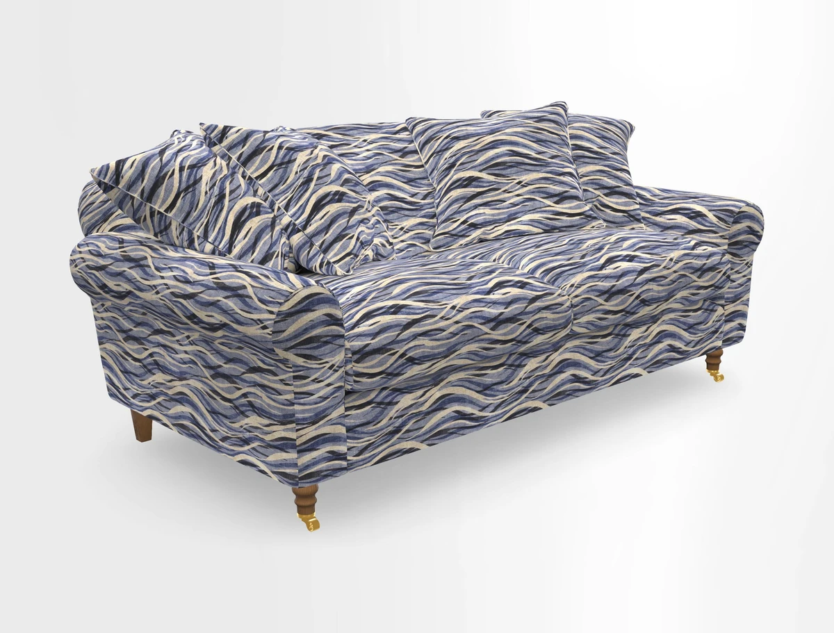 Walberswick 3 Seater Sofa in Etta's Bouquet Sunset Moss with scatters in Sussex Stripe Brick and Snape Chair in Almost Plain Velvet Spring