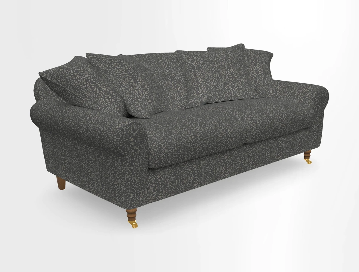 Walberswick 3 Seater Sofa in Etta's Bouquet Sunset Moss with scatters in Sussex Stripe Brick and Snape Chair in Almost Plain Velvet Spring
